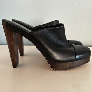 Cole Haan • Genuine Black Leather & Wood Platform Mule Heels Size 9B